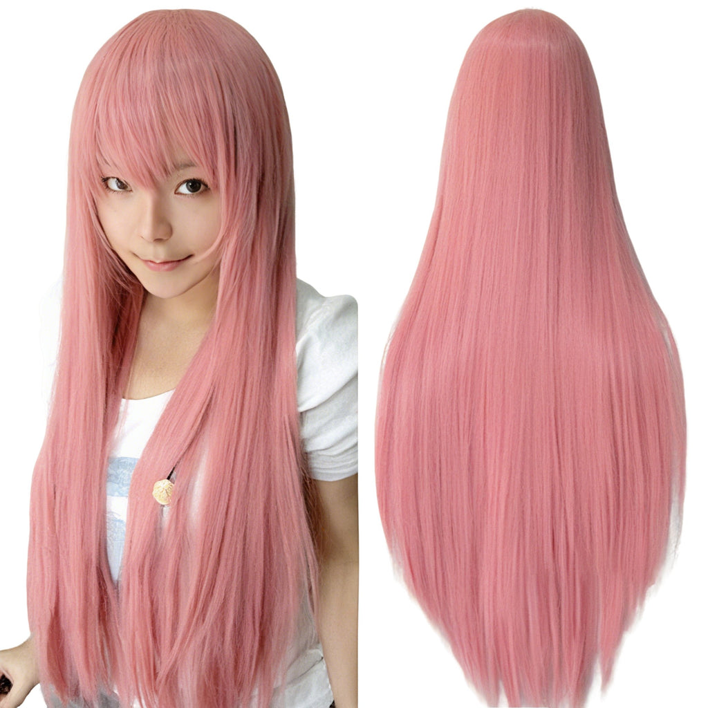 80cm Straight Synthetic Cosplay Wig White Purple Green Silver Pink Lolita Hairpiece with Bangs Long