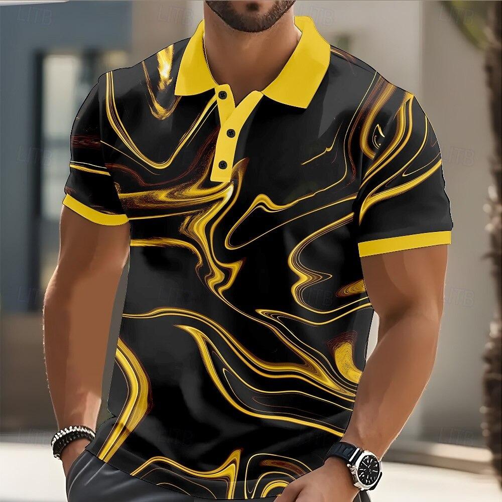 Mens Abstract Geometric Polo Short Sleeve Shirts Lapel Business Casual Athleisure Daily Wear 3D