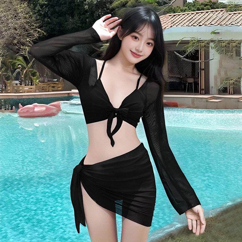 2026 New Women's Big Red Whitening Pure Desire Sexy Bikini Four Piece Set Long Sleeve Sunscreen Hot