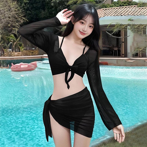 2026 New Women's Big Red Whitening Pure Desire Sexy Bikini Four Piece Set Long Sleeve Sunscreen Hot