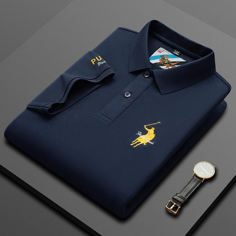 Luxury Embroidery Mens Polo Shirt Summer Thin Breathable 100Cotton Black Navy Blue Lapel