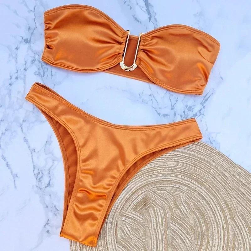 Sexy U Shaped Bandeau Bikinis Sets Mujer Strapless Swimwear Women Gold Swimsuit Bathing Suit
