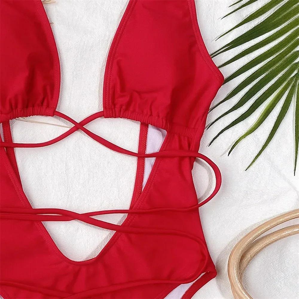 Sexy Red Swimsuit Micro String Bikini Hollow Out Backless Monokini Women One-Piece Vacation