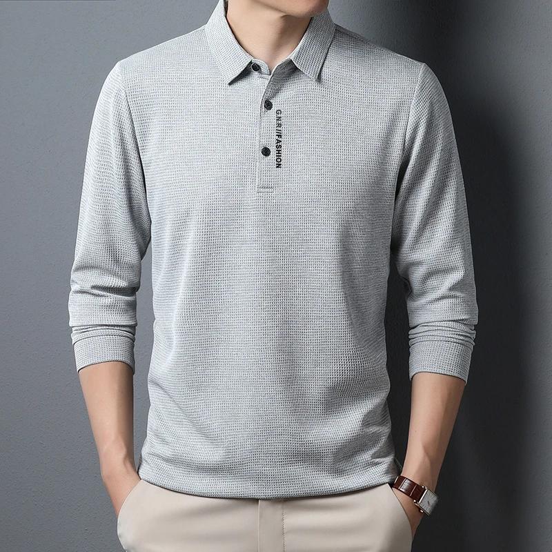 Mens Waffle Long Sleeved POLO Shirt with Letter Printed Lapel Casual Top