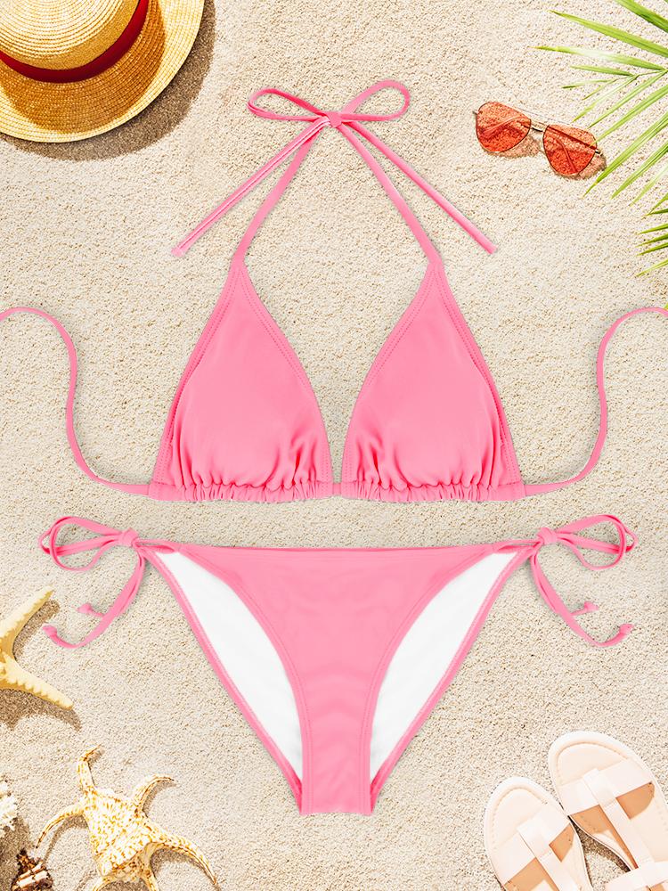 2Pcs Sexy Bikini Swimsuit For Women Solid Color Swimwear Summer Bathing Suits Females Backless