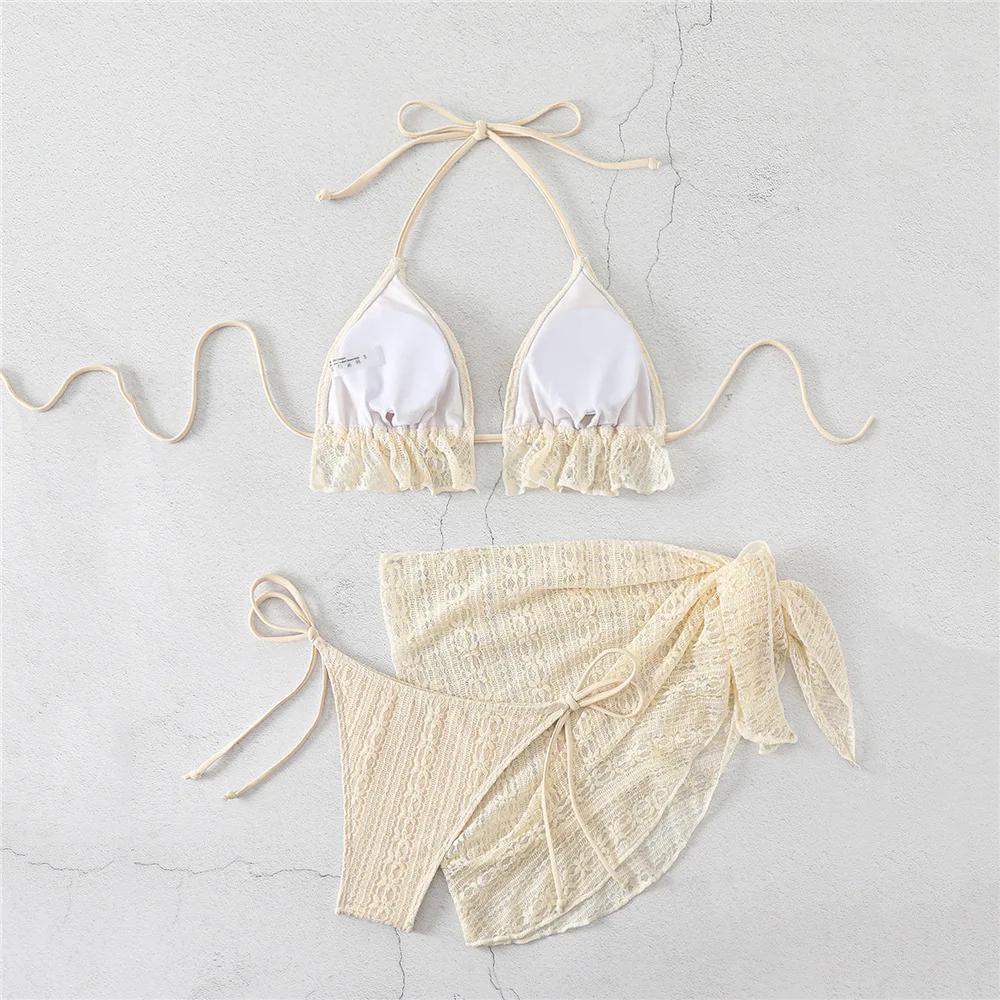Halter String Triangle 3 Piece Bikini Set Beige Lace Mesh Sexy Swimsuit Women 2026 Cover Up Swimwear