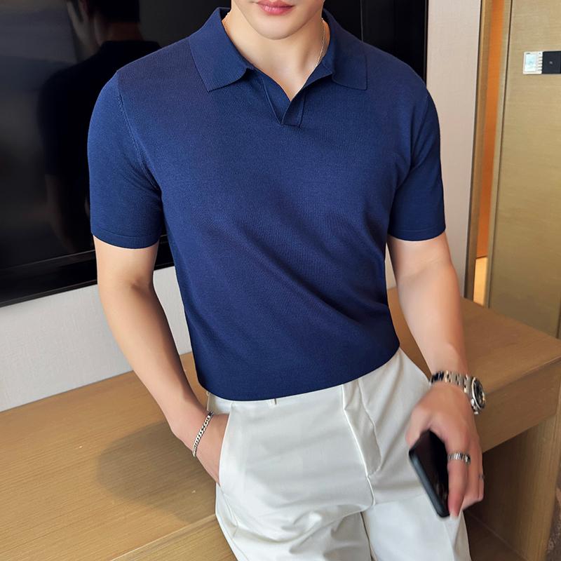 High Elasticity Knitted Men Polo Shirt Short Sleeved 2026 Summer New Ice Silk Light Thin Solid