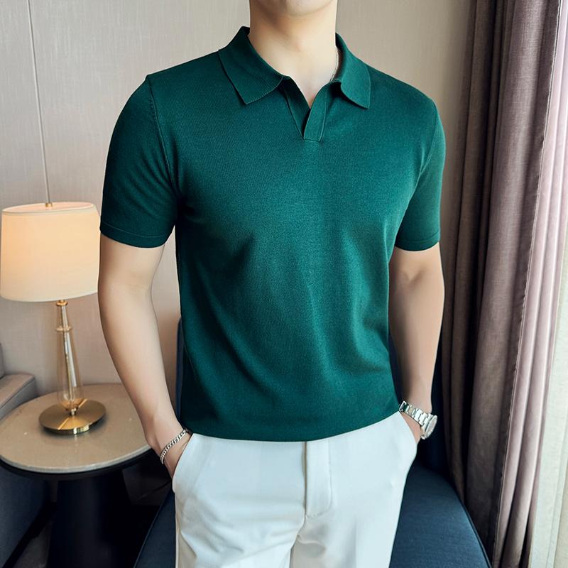High Elasticity Knitted Men Polo Shirt Short Sleeved 2026 Summer New Ice Silk Light Thin Solid