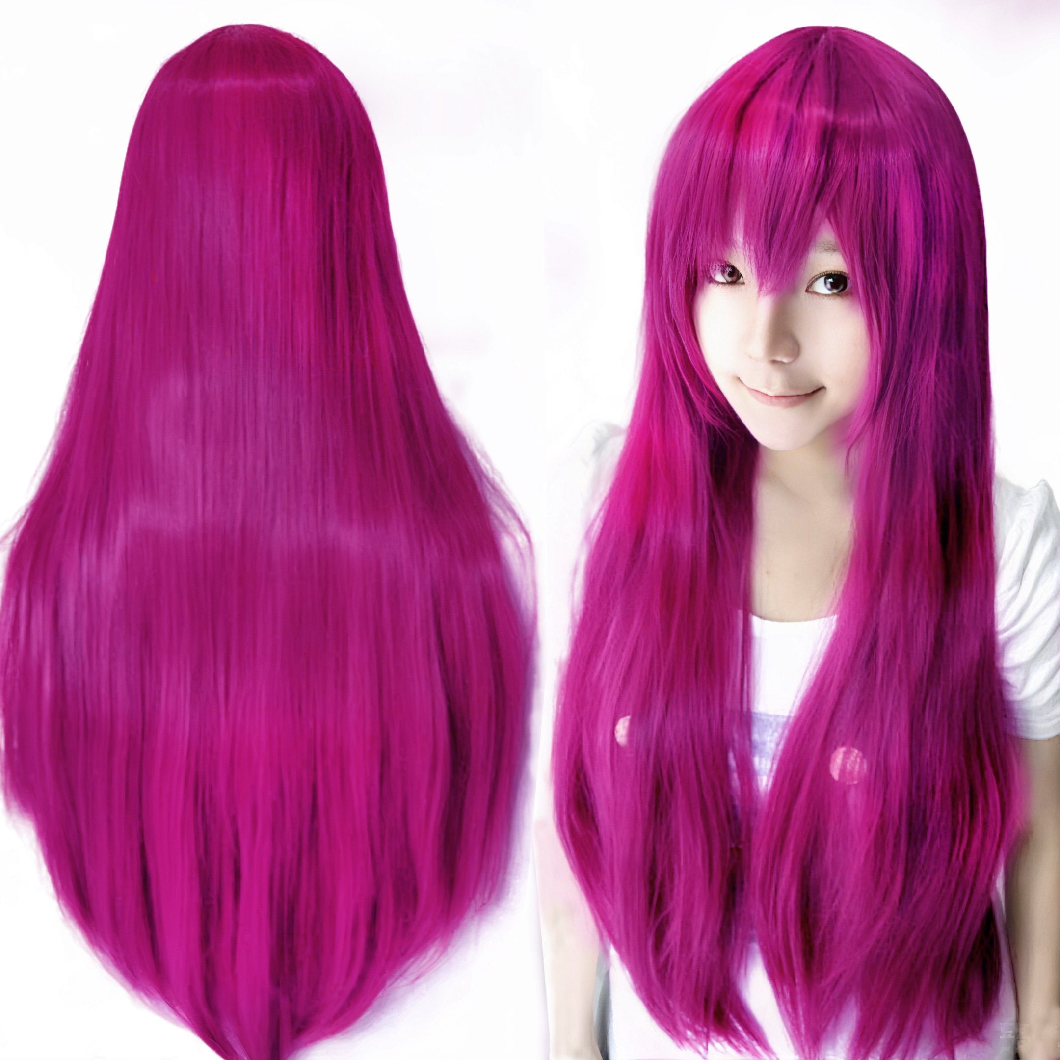 80cm Straight Synthetic Cosplay Wig White Purple Green Silver Pink Lolita Hairpiece with Bangs Long