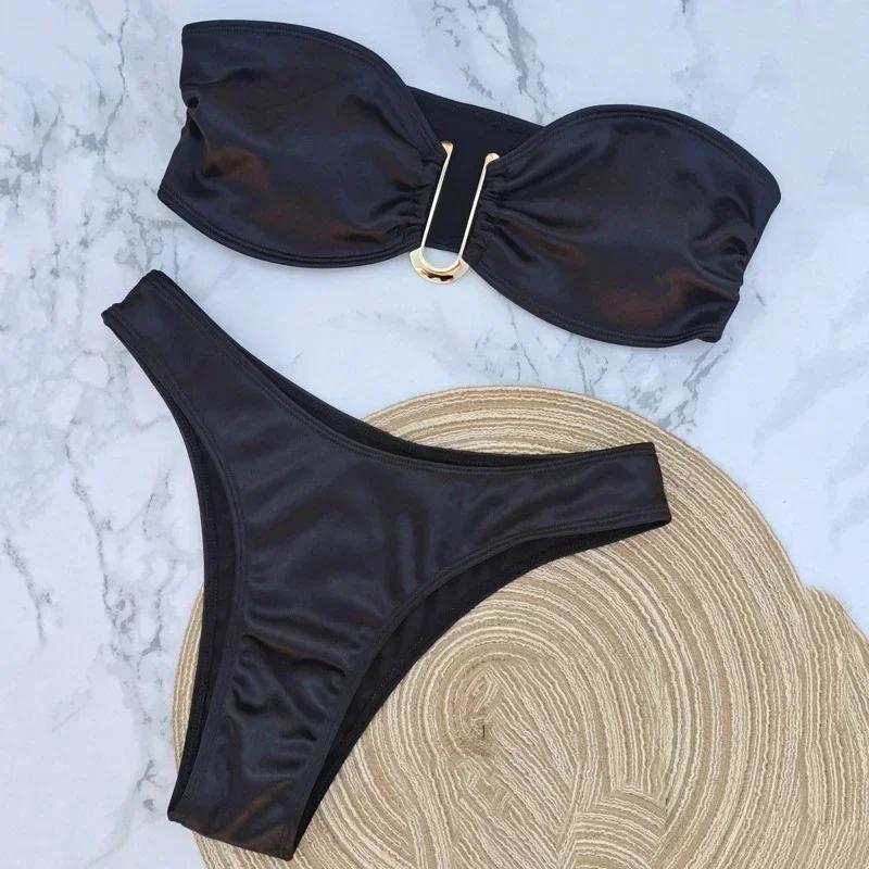 Sexy U Shaped Bandeau Bikinis Sets Mujer Strapless Swimwear Women Gold Swimsuit Bathing Suit