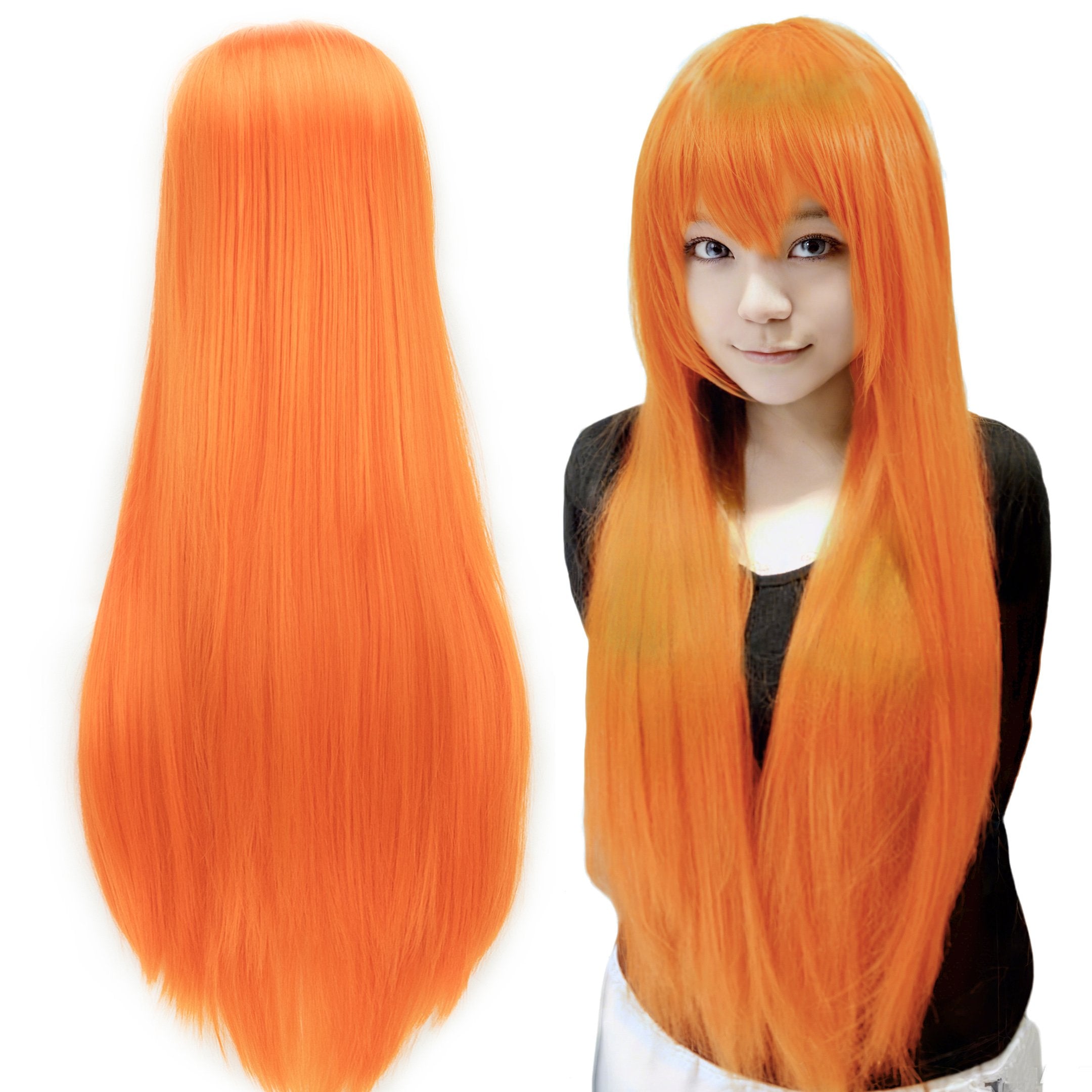 80cm Straight Synthetic Cosplay Wig White Purple Green Silver Pink Lolita Hairpiece with Bangs Long