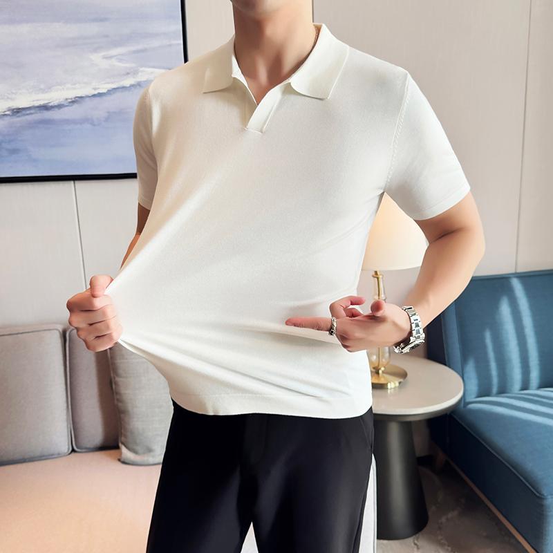 High Elasticity Knitted Men Polo Shirt Short Sleeved 2026 Summer New Ice Silk Light Thin Solid