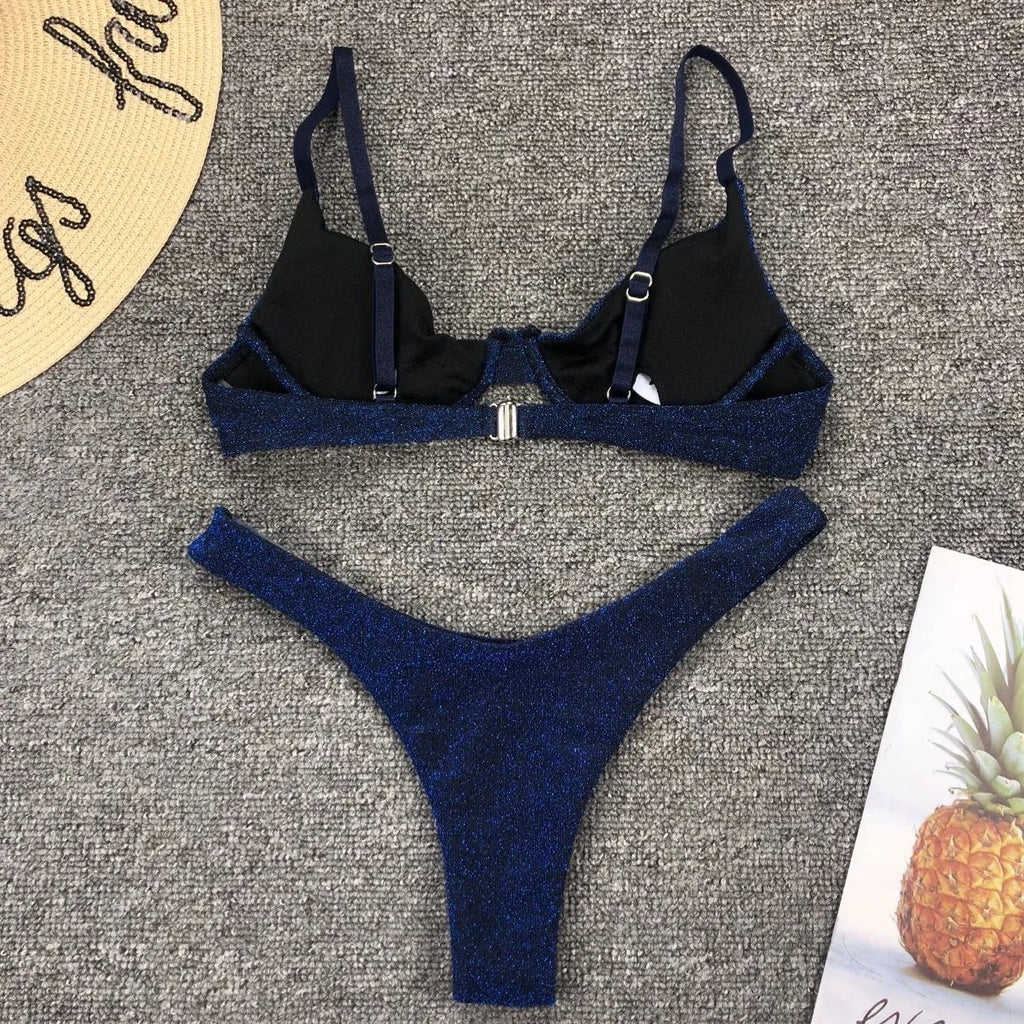 Sexy Silver Glitter Bikini 2026 Swimwear Women Push Up Cut Out Underwire Thong Swimsuit Summer