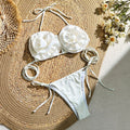 2026 Sexy 3D Flower Halter Neck Lace Up Brazilian Thong Bikinis Set for Women Summer Swimewear