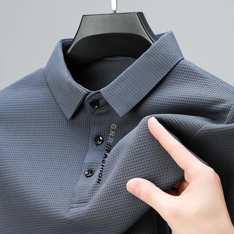 Mens Waffle Long Sleeved POLO Shirt with Letter Printed Lapel Casual Top
