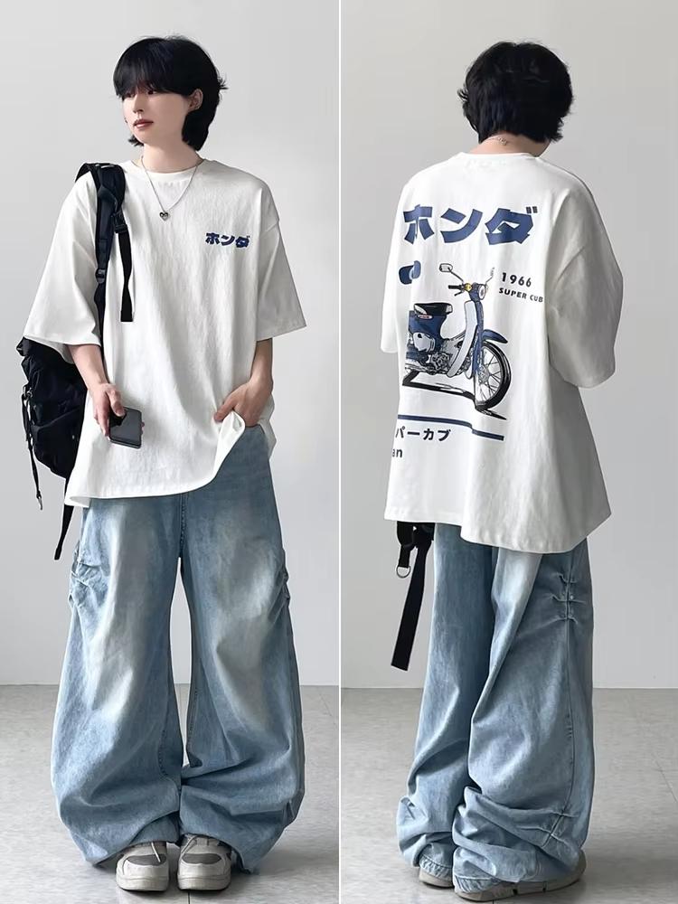 Fashion Loose T-Shirt Retro Summer Cartoon Anime Car Print Unisex Short Sleeve Round Neck Couples