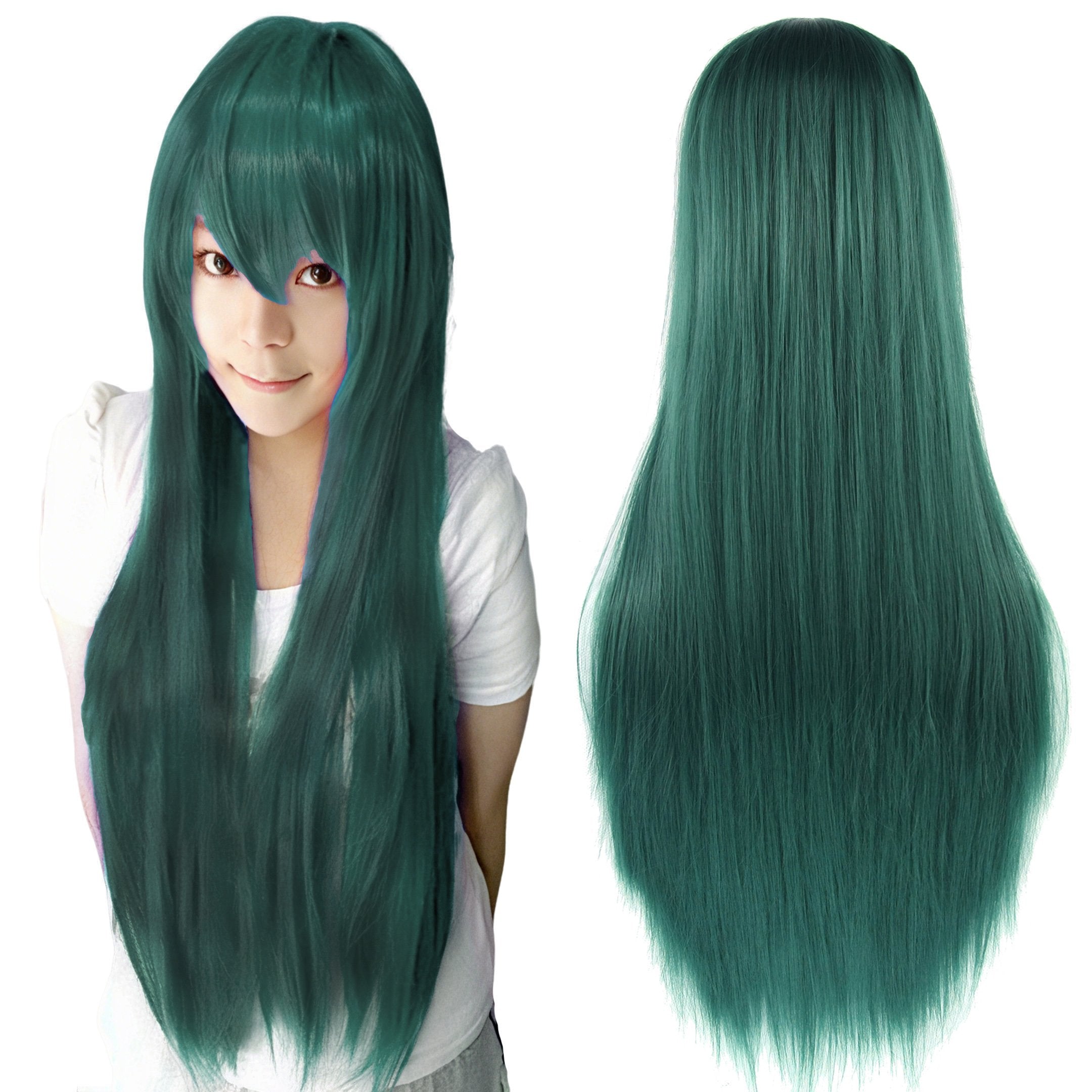 80cm Straight Synthetic Cosplay Wig White Purple Green Silver Pink Lolita Hairpiece with Bangs Long