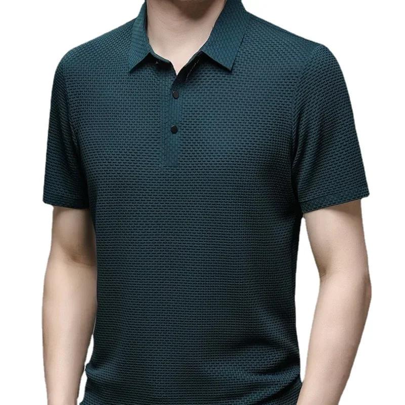2026 Summer New Mens Lop-up Hollow Short-sleeved Polo Tee Shirt Ice Silk Breathable Business Fashion