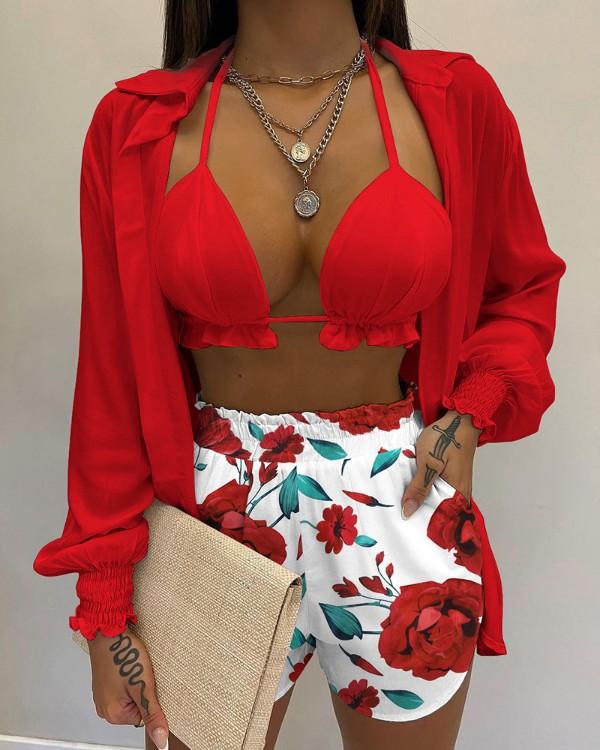 2026 New Bathing Suit Shorts Cover Up Summer Three Pieces Swimwear Sexy Beachwear High Waist Bikini