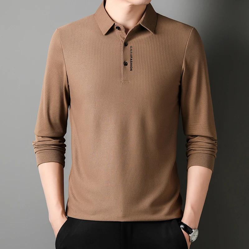 Mens Waffle Long Sleeved POLO Shirt with Letter Printed Lapel Casual Top