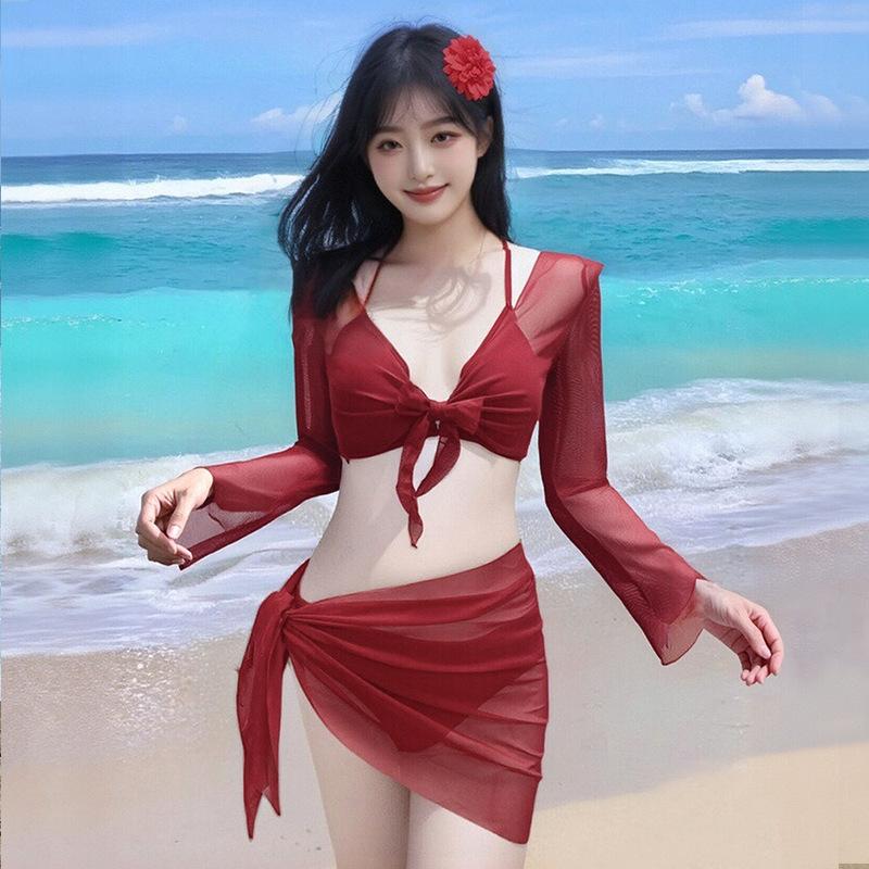 2026 New Women's Big Red Whitening Pure Desire Sexy Bikini Four Piece Set Long Sleeve Sunscreen Hot