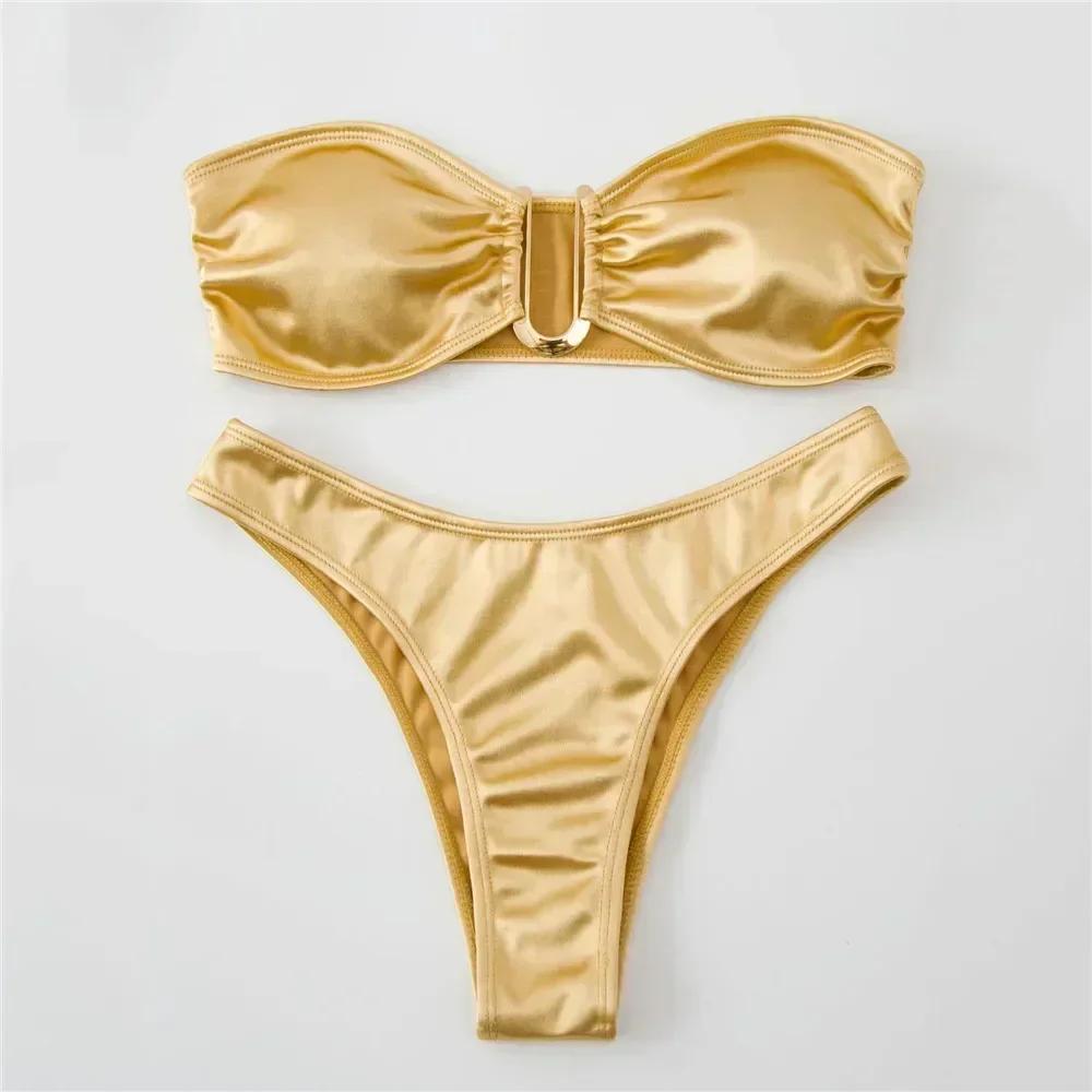 Sexy U Shaped Bandeau Bikinis Sets Mujer Strapless Swimwear Women Gold Swimsuit Bathing Suit