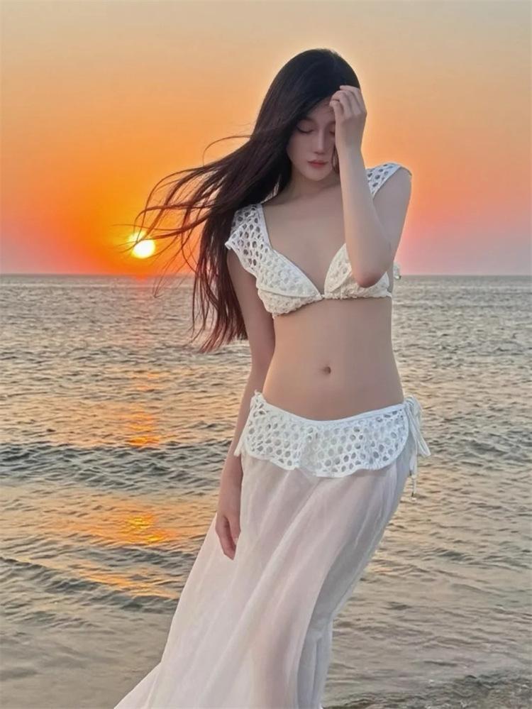 HG 2026 Hollow out Lace Bikini Set with Chiffon Long Skirt High Waist Slimming Summer Vaion Hot