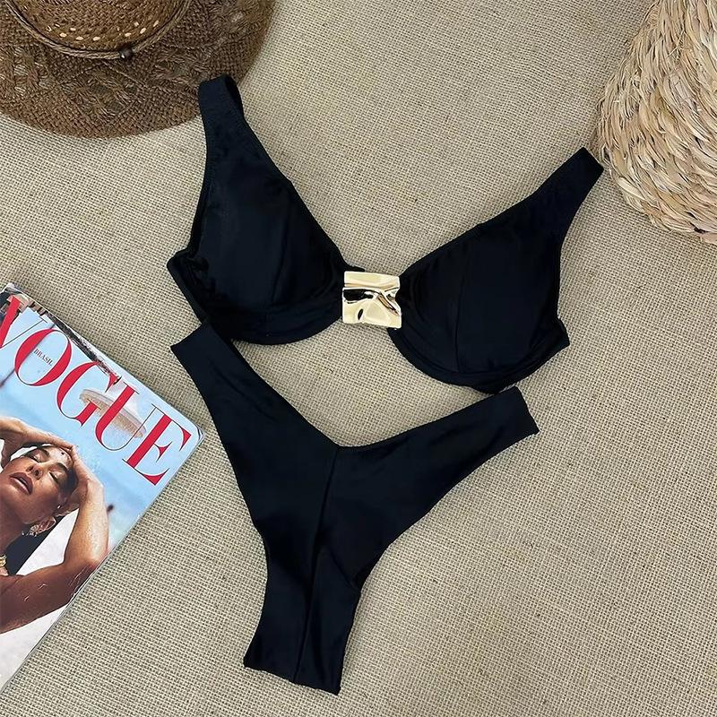 Sexy Black White Bikini Set 2026 Women Metal Ornament Push Up Underwire Bra Thong Swimsuit Beach