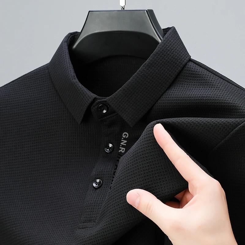 Mens Waffle Long Sleeved POLO Shirt with Letter Printed Lapel Casual Top