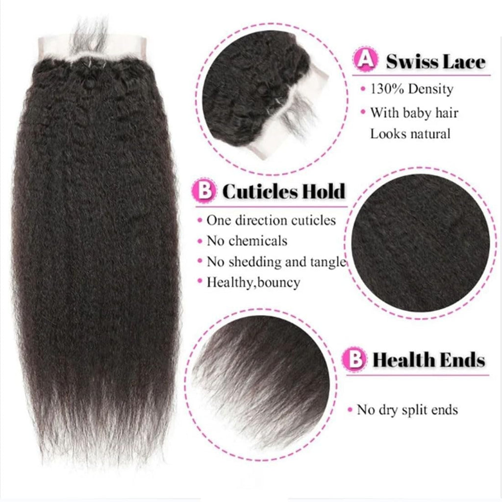 Kinky Straight 4x4 Lace Frontal Closure 100% Human Hair Yaki Straight 4x4 Lace Frontal Preplucked