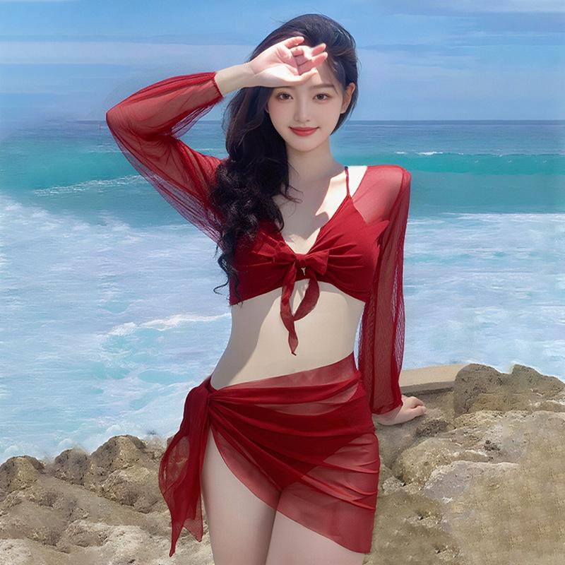 2026 New Women's Big Red Whitening Pure Desire Sexy Bikini Four Piece Set Long Sleeve Sunscreen Hot