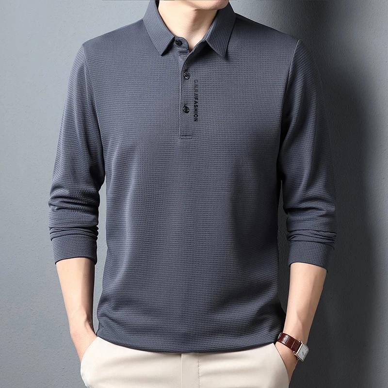 Mens Waffle Long Sleeved POLO Shirt with Letter Printed Lapel Casual Top