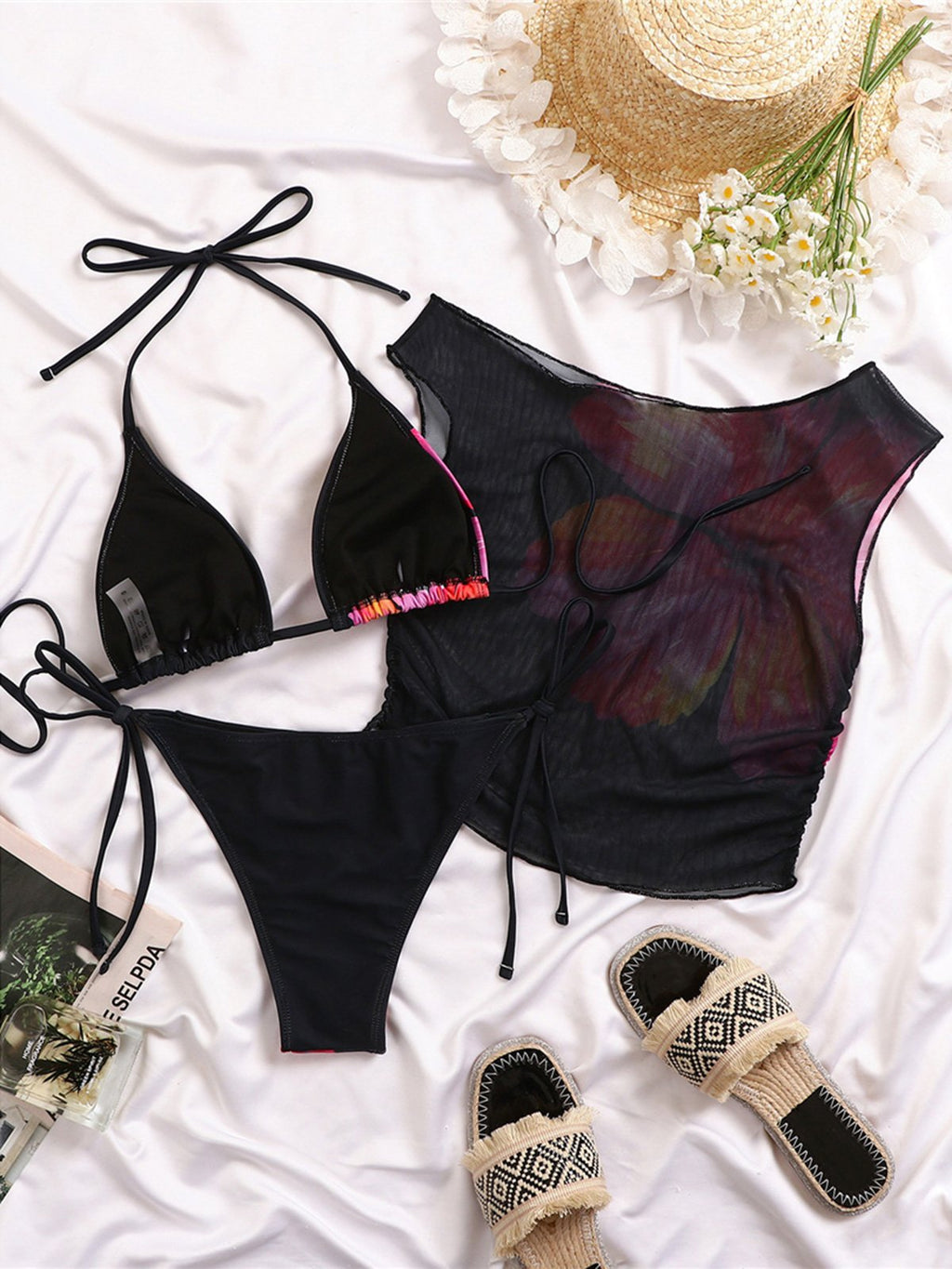 With Cover Up Flower Printed Halter Bikini Women Swimwear Female Swimsuit Bather Bathing Suit Swim