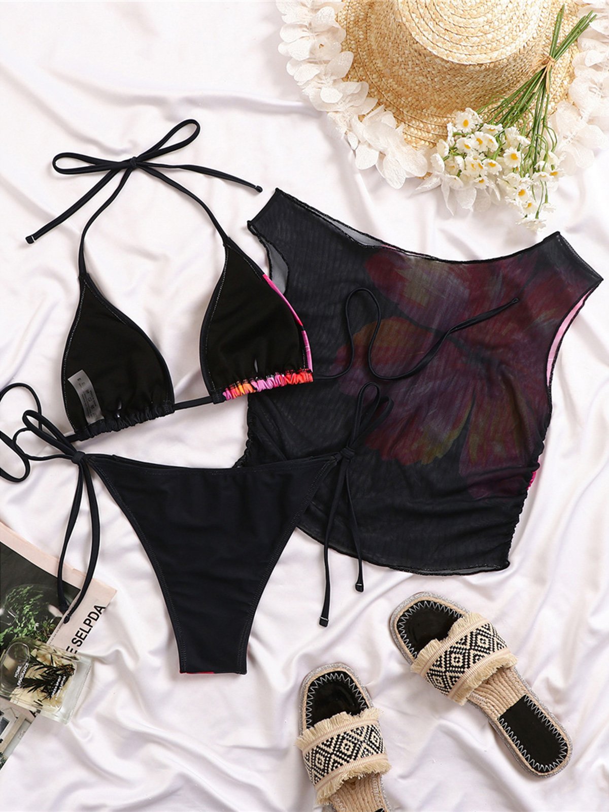 With Cover Up Flower Printed Halter Bikini Women Swimwear Female Swimsuit Bather Bathing Suit Swim