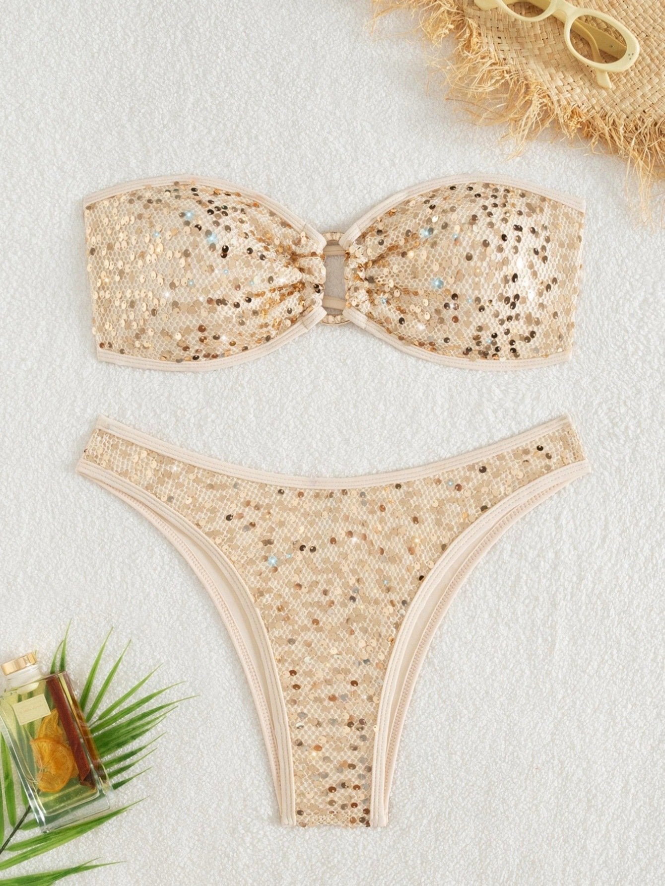 Sexy Bandeau Bikini 2026 Women Shiny Sequin Front Ring Push Up Micro Swimsuit Summer Pink Bathing
