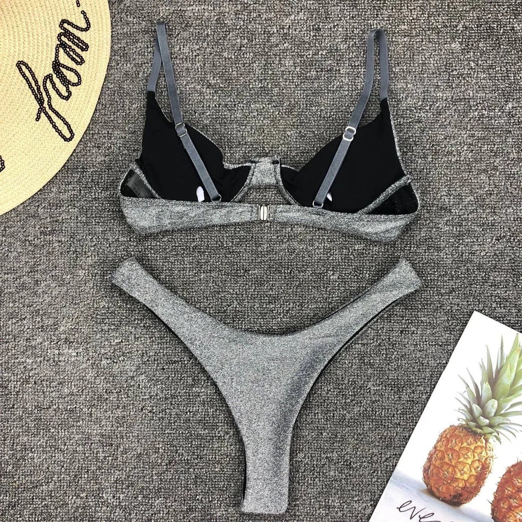 Sexy Silver Glitter Bikini 2026 Swimwear Women Push Up Cut Out Underwire Thong Swimsuit Summer