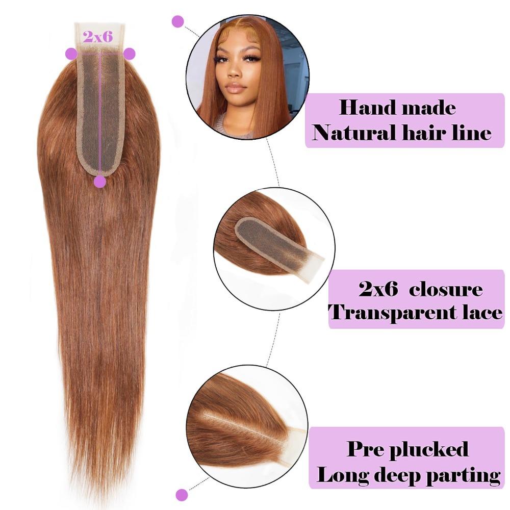 #30 Brown Straight 2x6 Human Hair Lace Closure Long Deep Parting Brazilian Virgin Hair 10-22 Inch