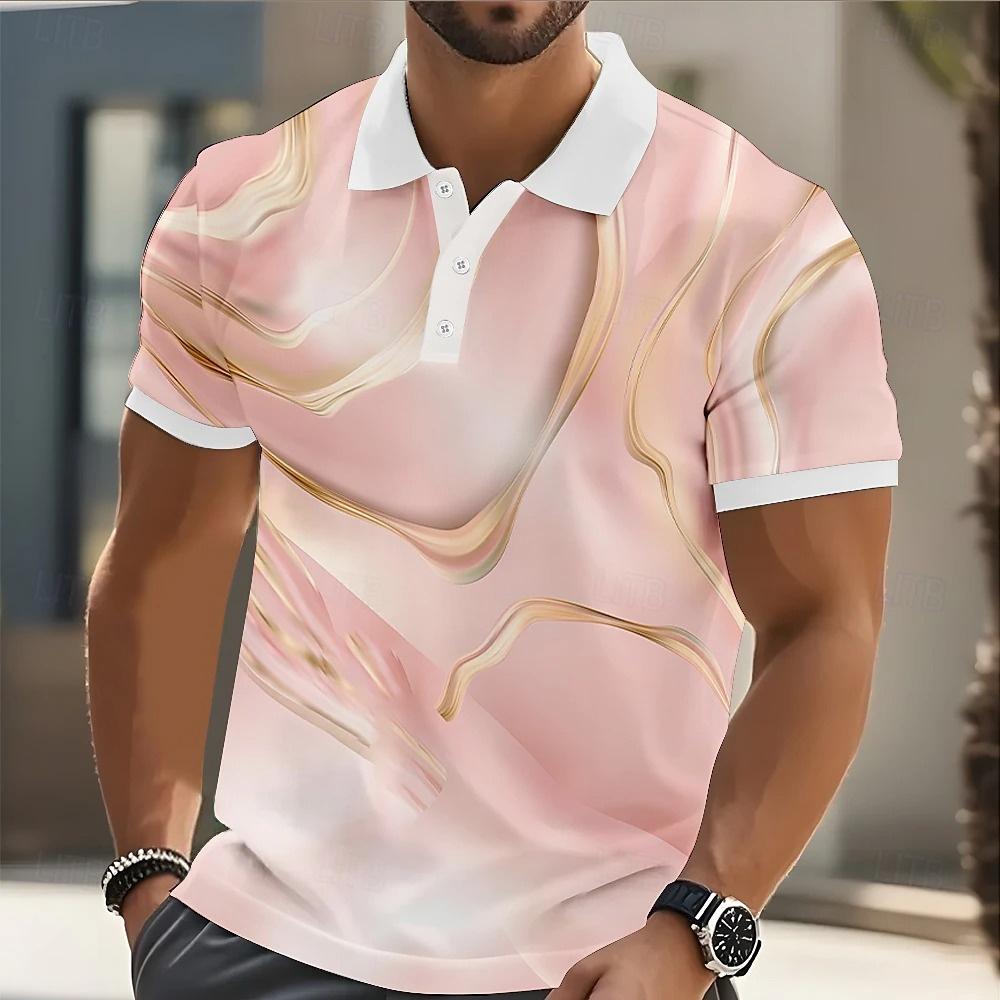 Mens Abstract Geometric Polo Short Sleeve Shirts Lapel Business Casual Athleisure Daily Wear 3D