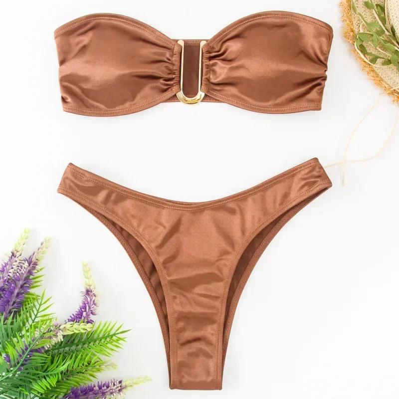 Sexy U Shaped Bandeau Bikinis Sets Mujer Strapless Swimwear Women Gold Swimsuit Bathing Suit