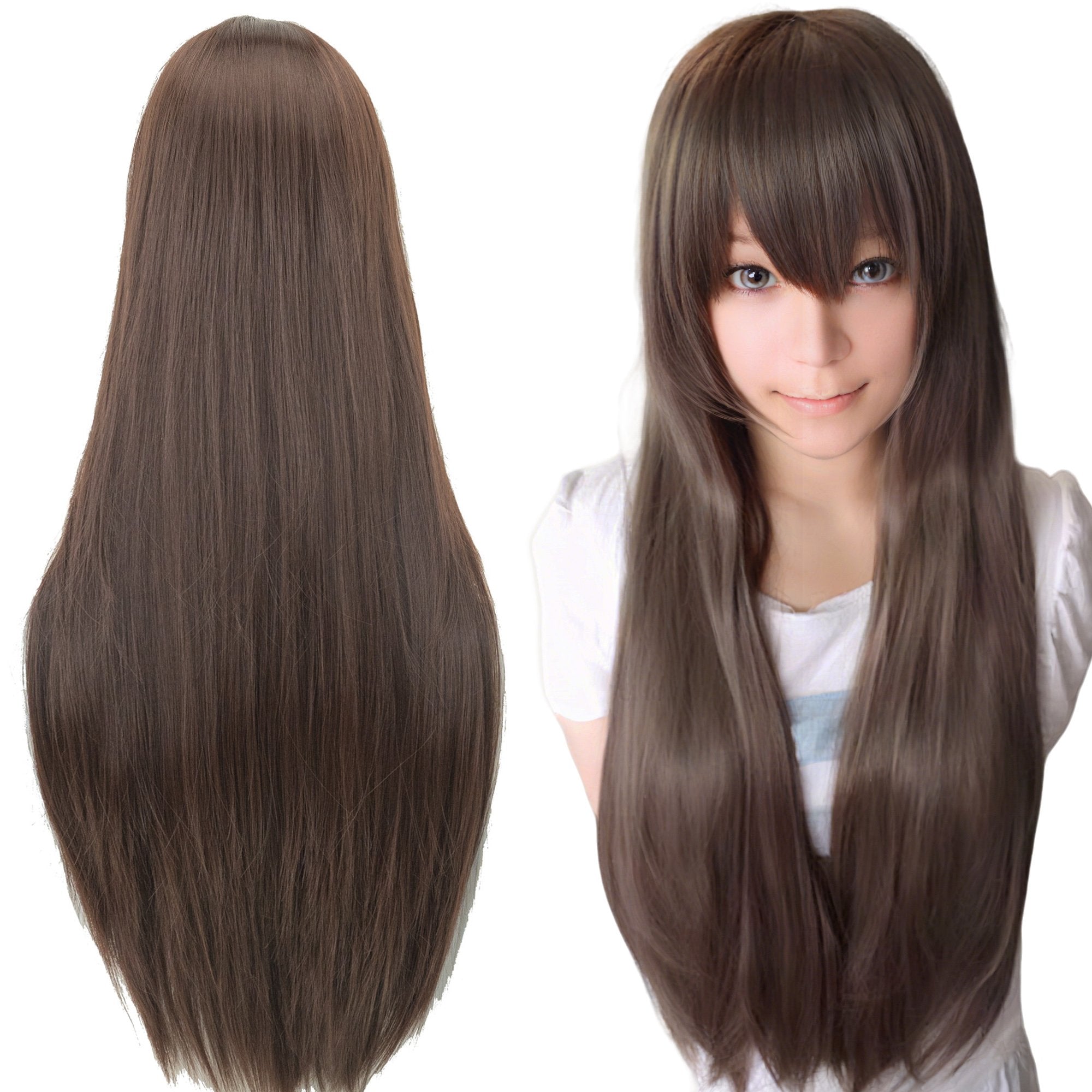 80cm Straight Synthetic Cosplay Wig White Purple Green Silver Pink Lolita Hairpiece with Bangs Long
