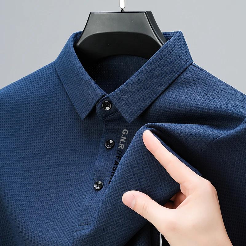 Mens Waffle Long Sleeved POLO Shirt with Letter Printed Lapel Casual Top