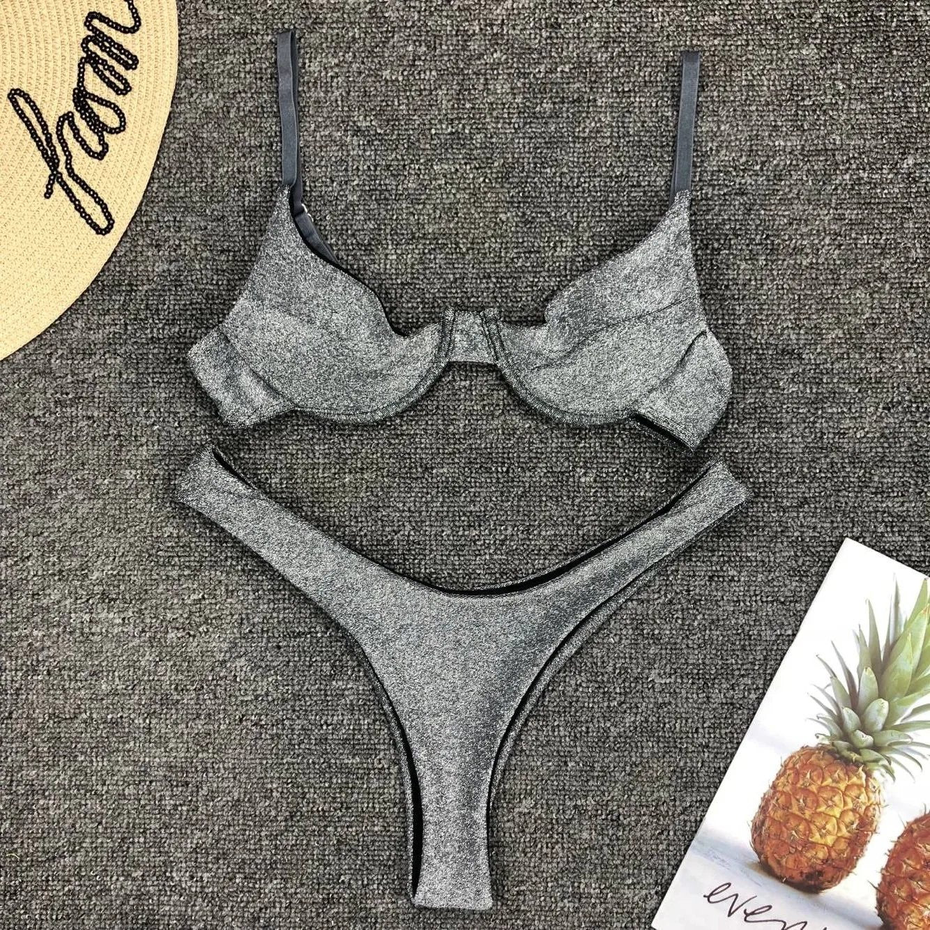 Sexy Silver Glitter Bikini 2026 Swimwear Women Push Up Cut Out Underwire Thong Swimsuit Summer