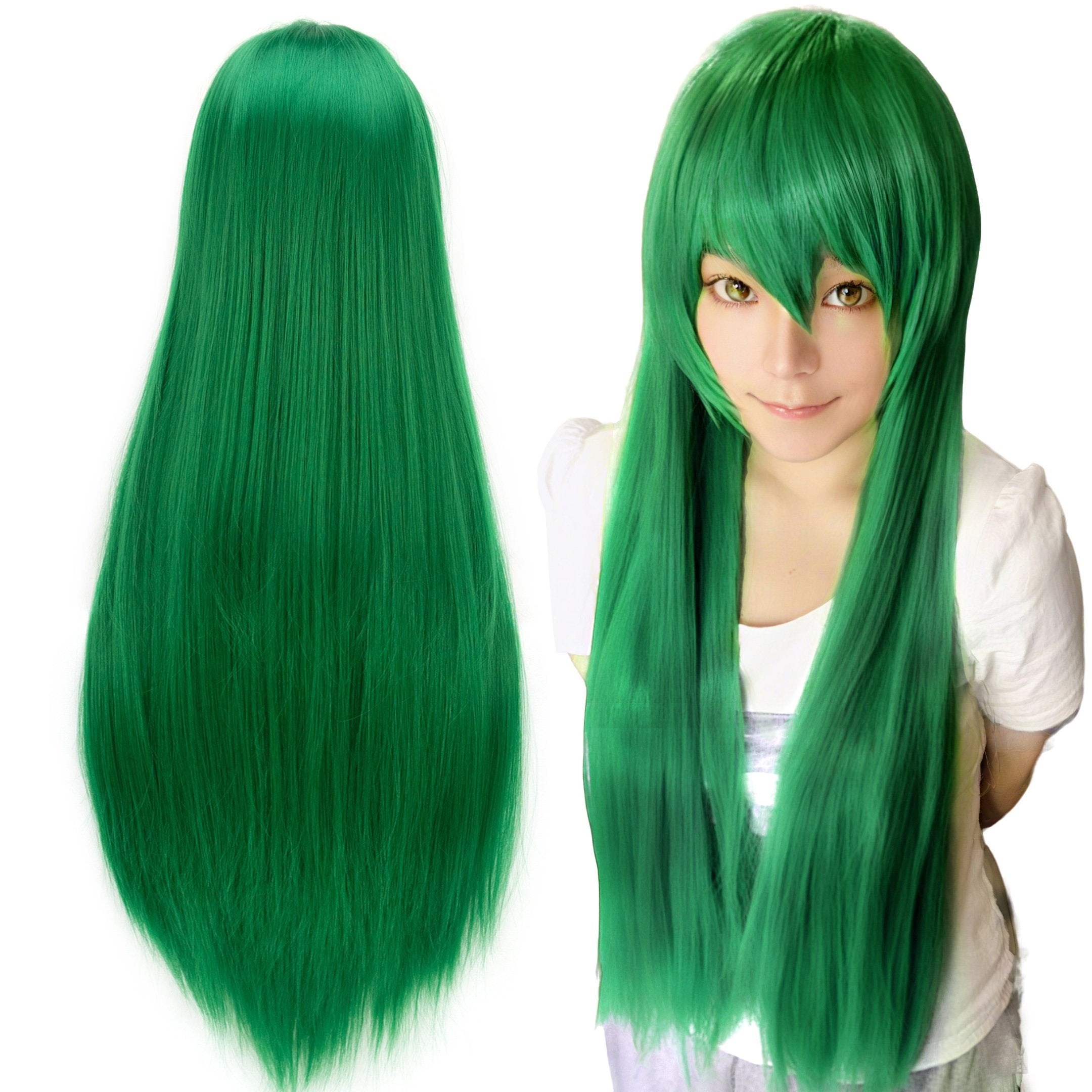 80cm Straight Synthetic Cosplay Wig White Purple Green Silver Pink Lolita Hairpiece with Bangs Long