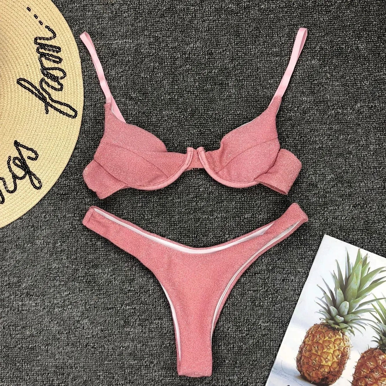 Sexy Silver Glitter Bikini 2026 Swimwear Women Push Up Cut Out Underwire Thong Swimsuit Summer