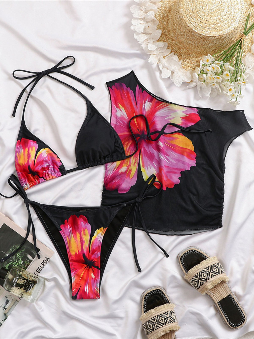 With Cover Up Flower Printed Halter Bikini Women Swimwear Female Swimsuit Bather Bathing Suit Swim