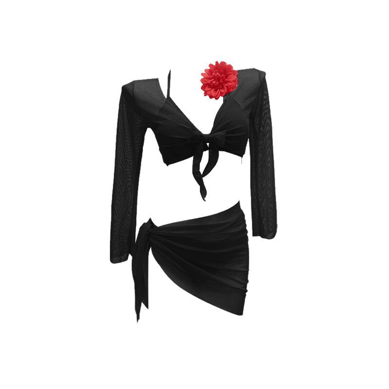 2026 New Women's Big Red Whitening Pure Desire Sexy Bikini Four Piece Set Long Sleeve Sunscreen Hot