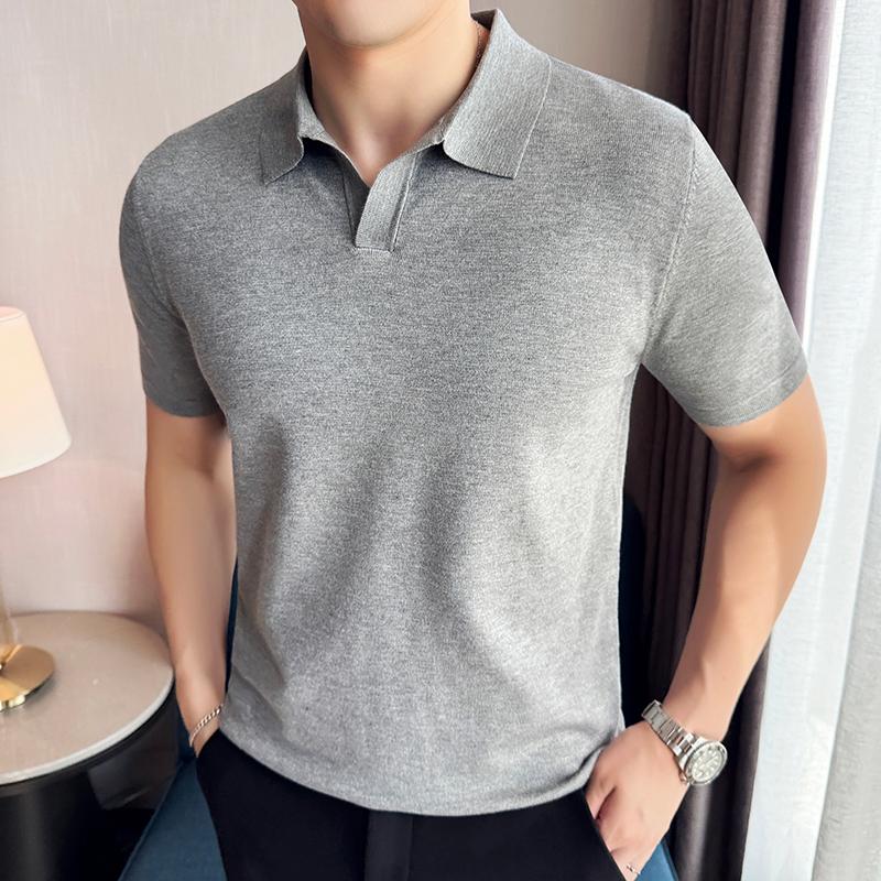 High Elasticity Knitted Men Polo Shirt Short Sleeved 2026 Summer New Ice Silk Light Thin Solid