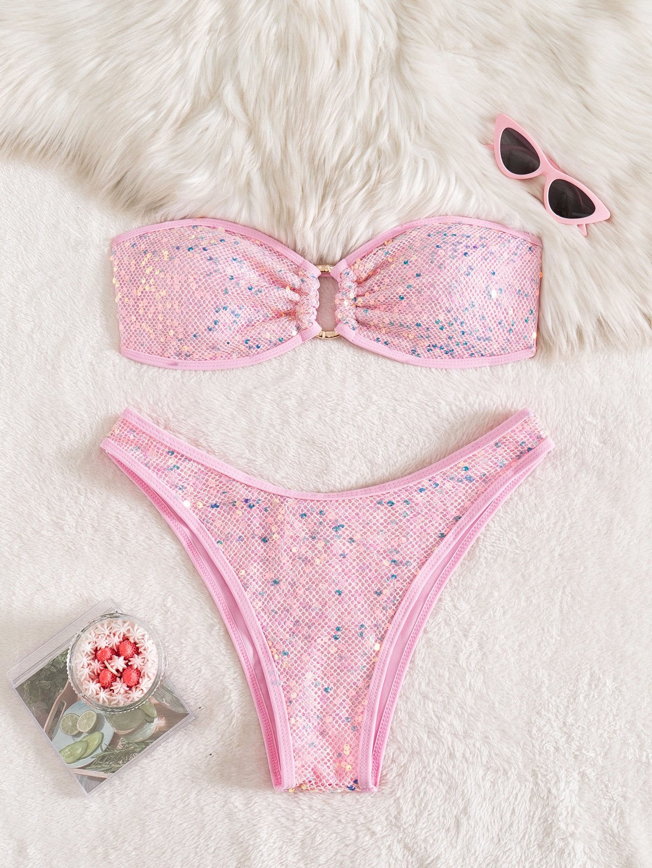 Sexy Bandeau Bikini 2026 Women Shiny Sequin Front Ring Push Up Micro Swimsuit Summer Pink Bathing