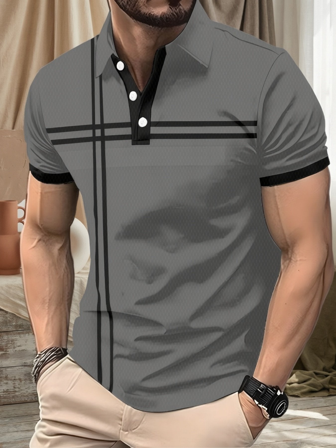 2026 Summer New Style Mens Short-Sleeved Polo Shirt with 3D Stripes Pattern Print - Street Casual