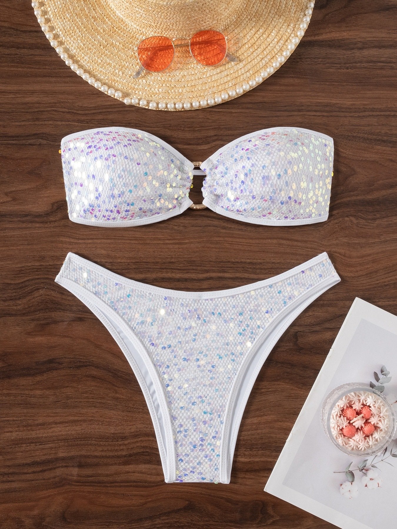 Sexy Bandeau Bikini 2026 Women Shiny Sequin Front Ring Push Up Micro Swimsuit Summer Pink Bathing